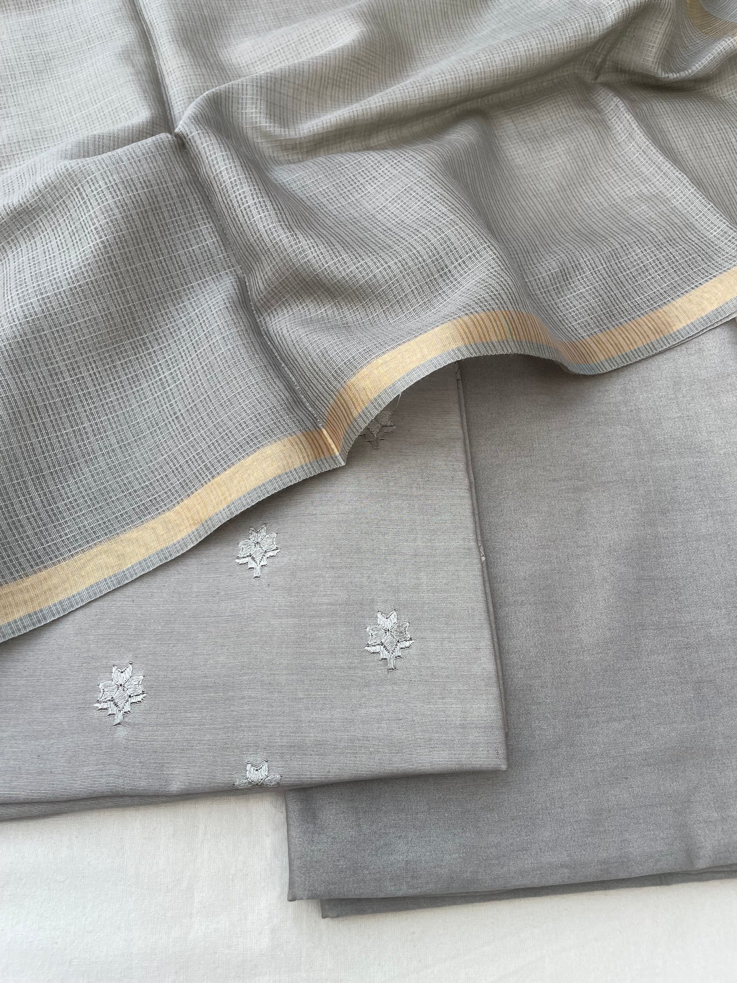 Gray Embroidery Banarasi Cotton Suit Set