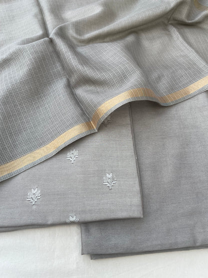 Gray Embroidery Banarasi Cotton Suit Set