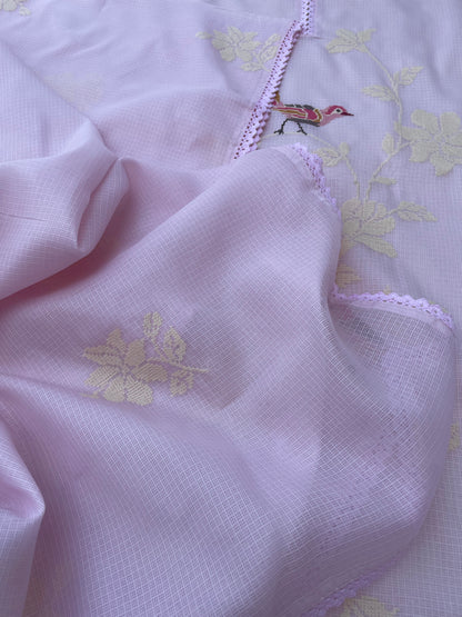 Pink Kota Silk Embroidered Unstitched Suit Fabric