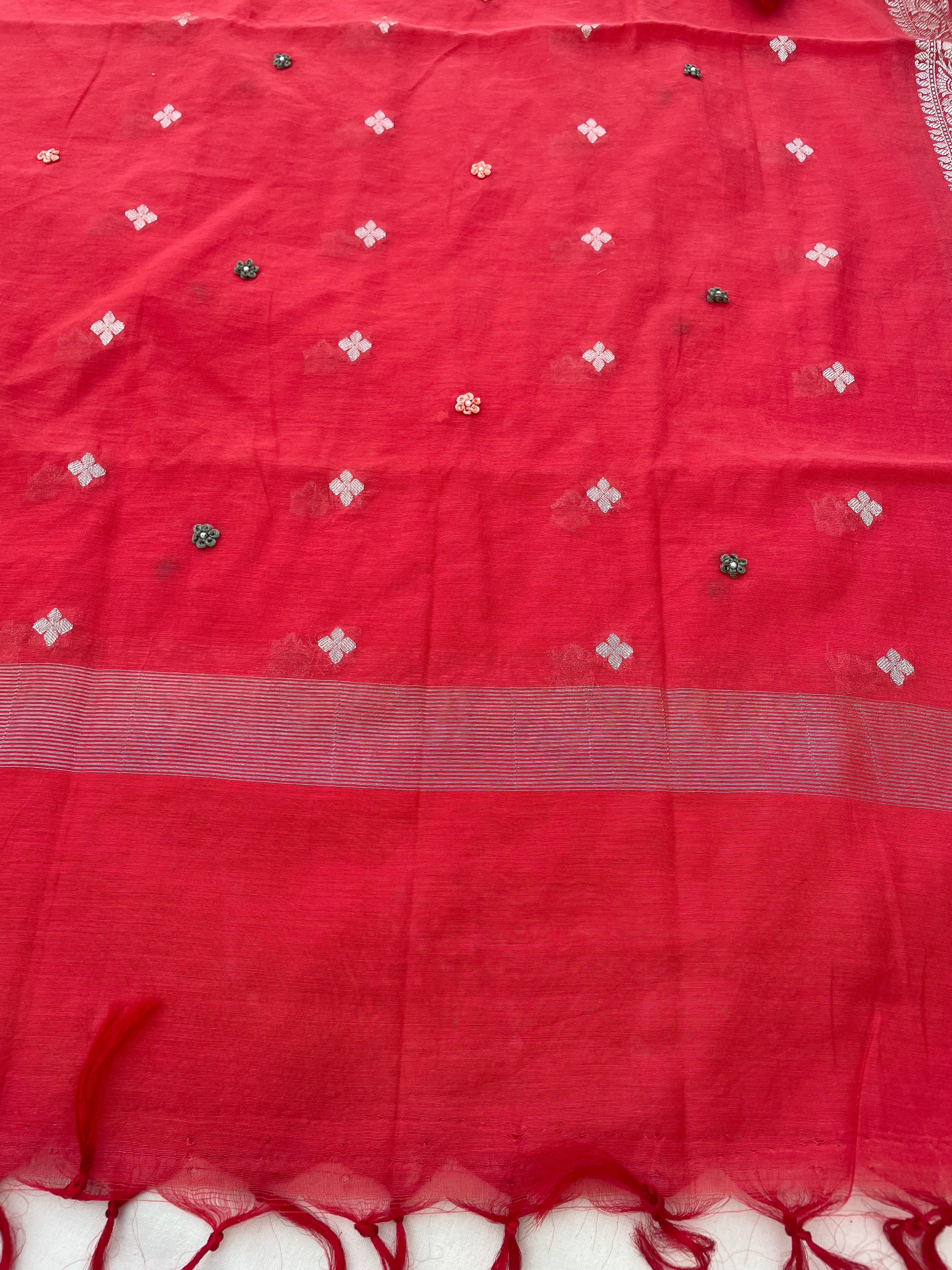 Red Embroidered Cotton Silk Banarasi Suit Set