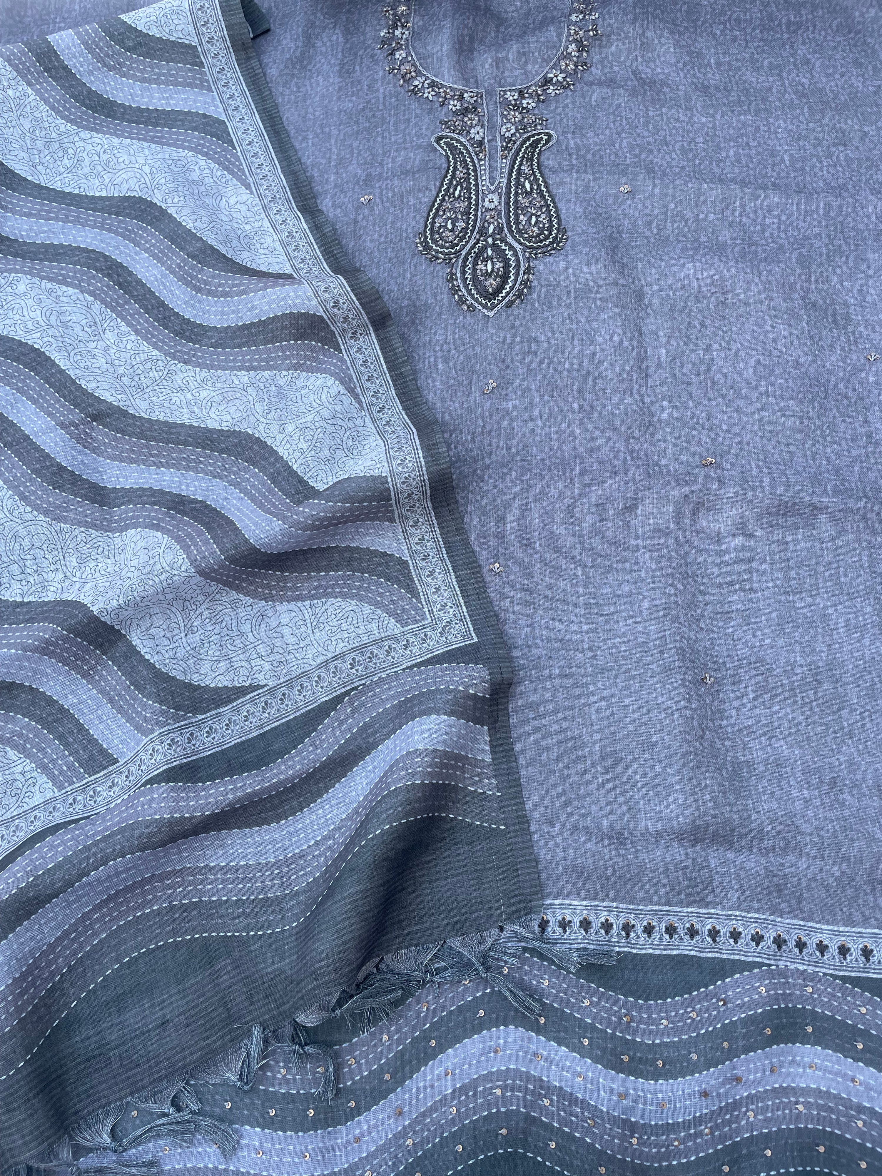 Gray Linen Embroidered Unstitched Suit Fabric