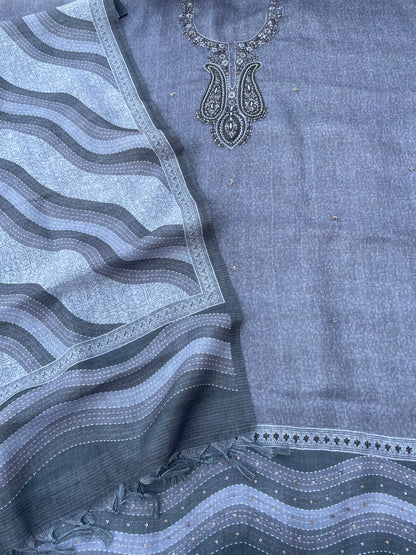 Gray Linen Embroidered Unstitched Suit Fabric