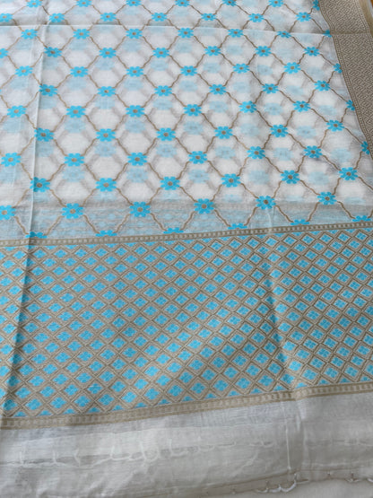 White Cotton Silk Floral Banarasi Suit