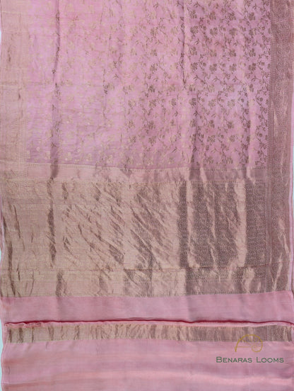 Pink Handwoven Floral Jaal Pure Satin Silk Banarasi Saree