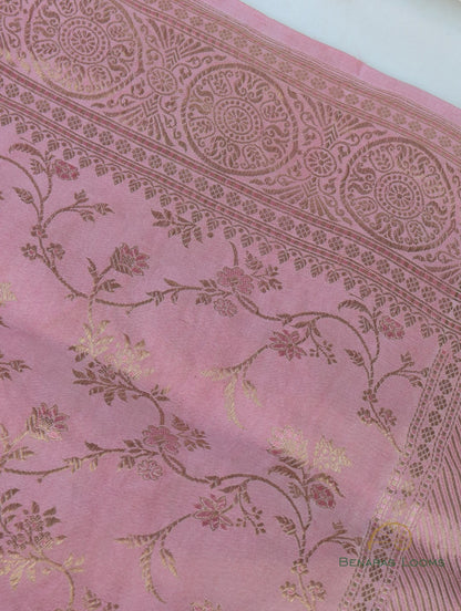 Pink Handwoven Floral Jaal Pure Satin Silk Banarasi Saree