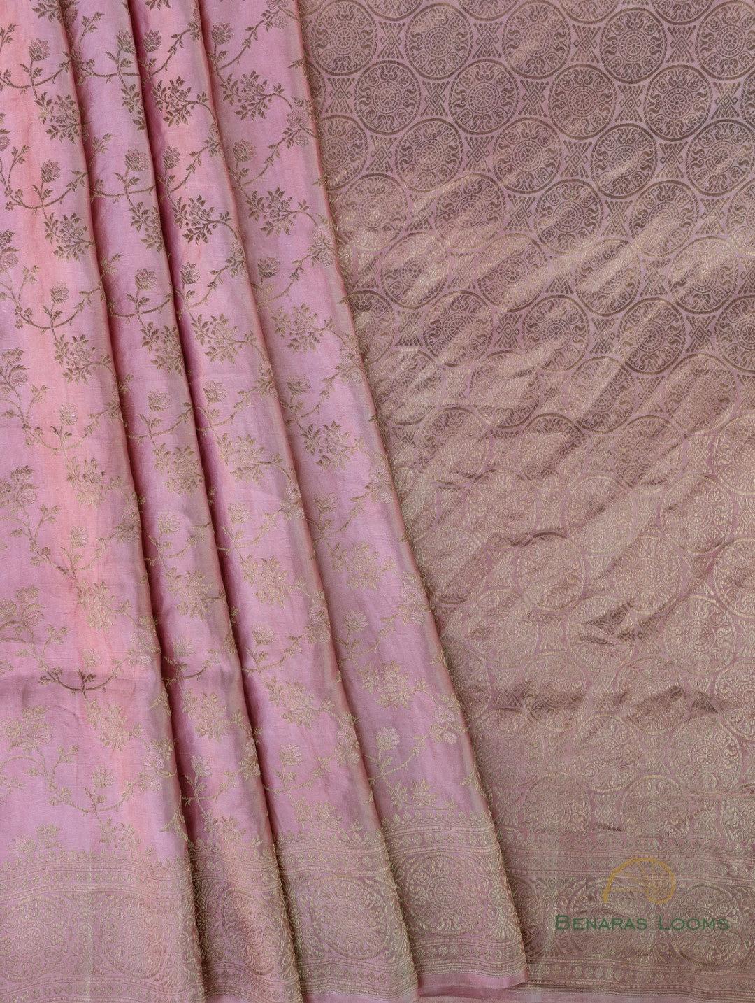 Pink Handwoven Floral Jaal Pure Satin Silk Banarasi Saree