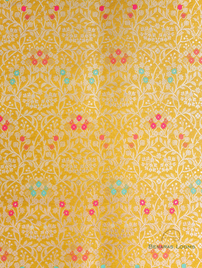 Yellow Handwoven Brocade jaal with Meenakari Pure Silk Fabric
