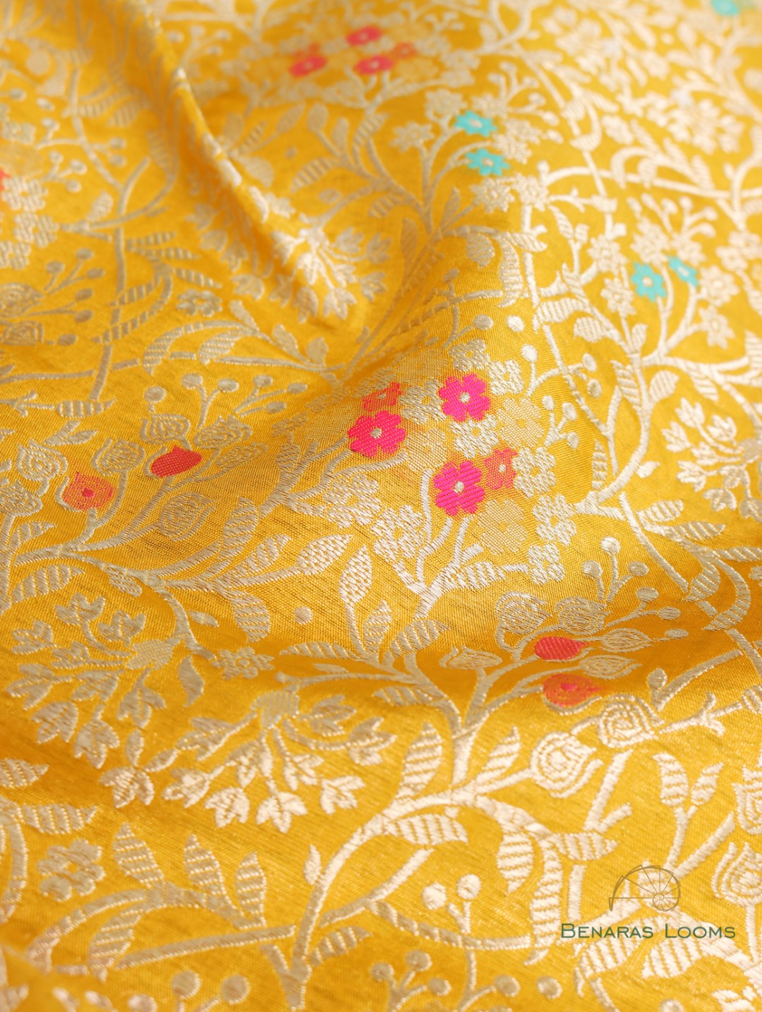 Yellow Handwoven Brocade jaal with Meenakari Pure Silk Fabric