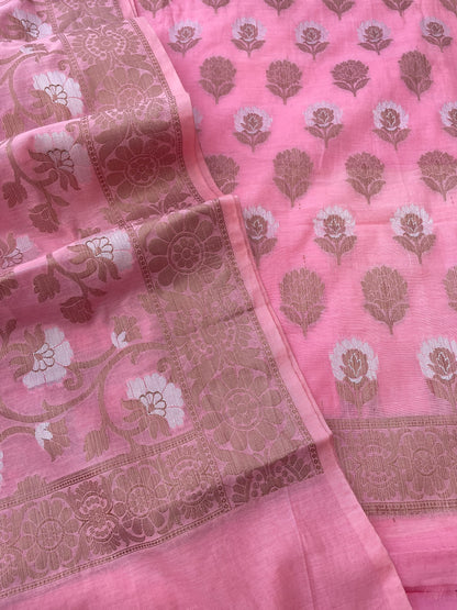 Pink Cotton Silk Zari Buti Banarasi Suit Set
