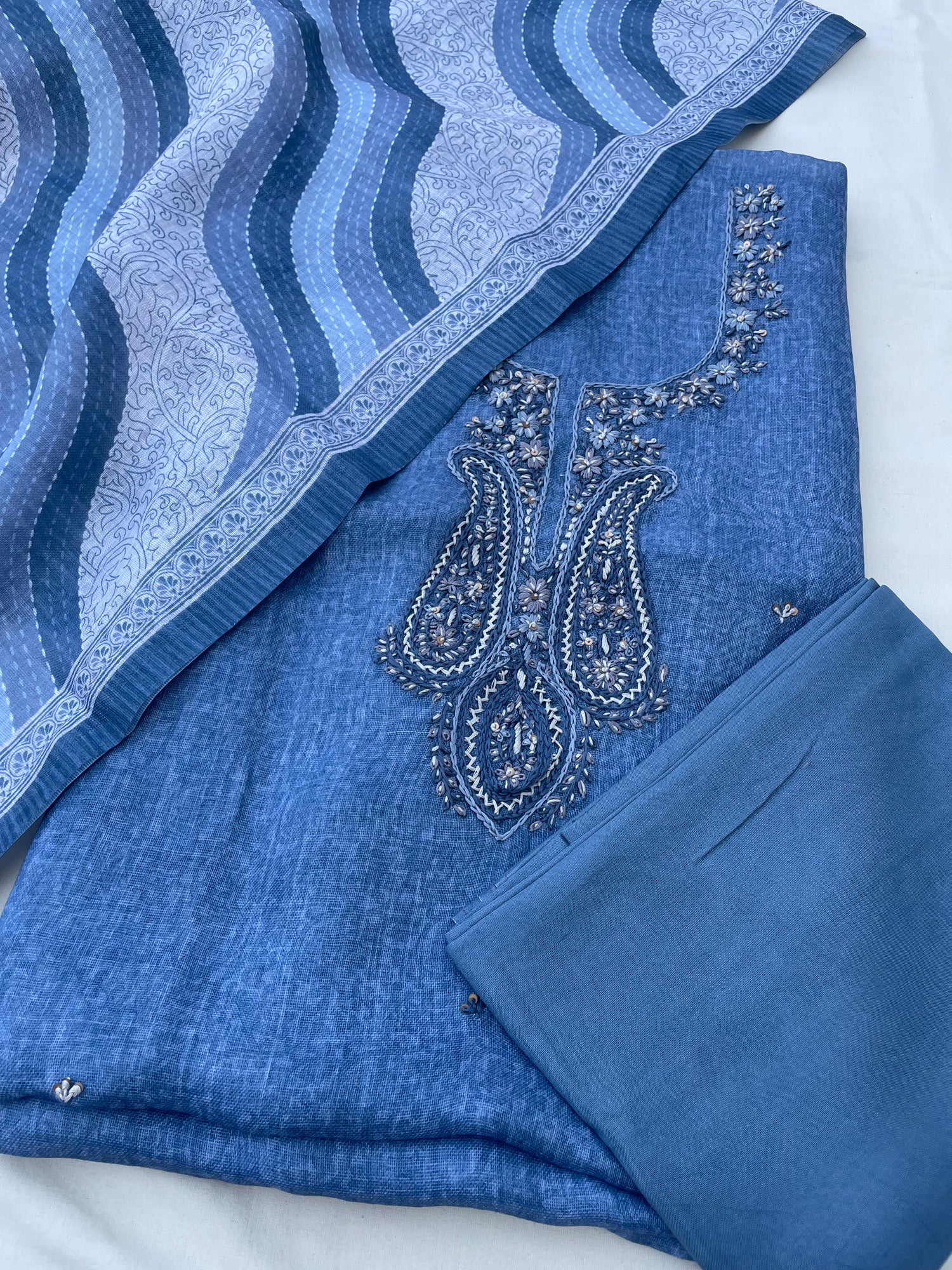 Blue Linen Embroidered Unstitched Suit Fabric