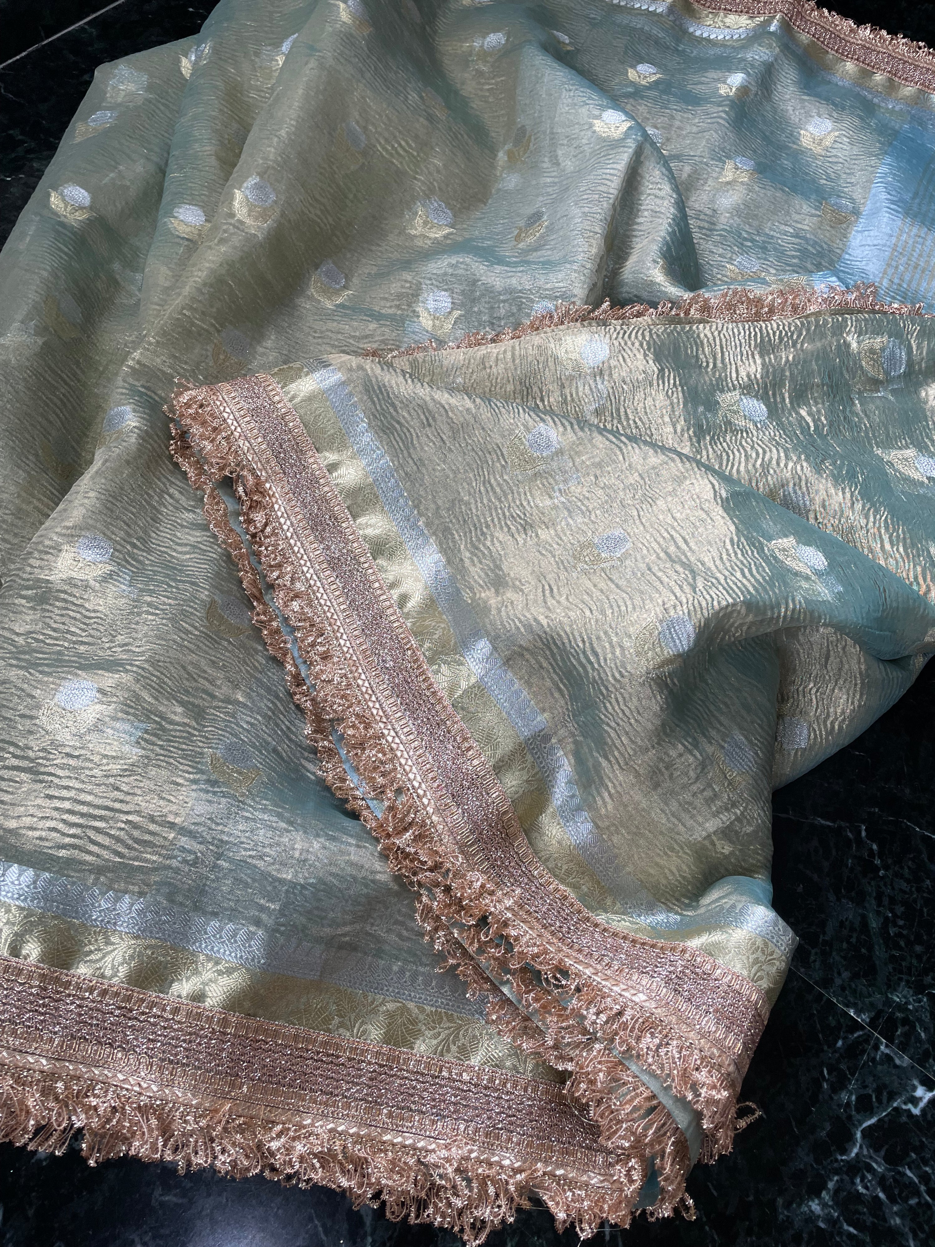Light Green Crush Tissue Banarasi Saree with Embellished Border