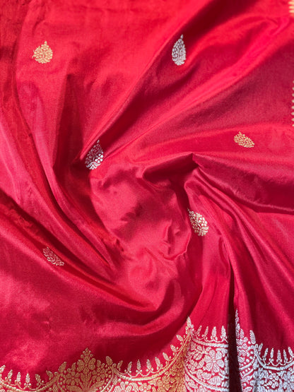 Red Handloom Kataan Silk Kadhua Buti Banarasi Saree