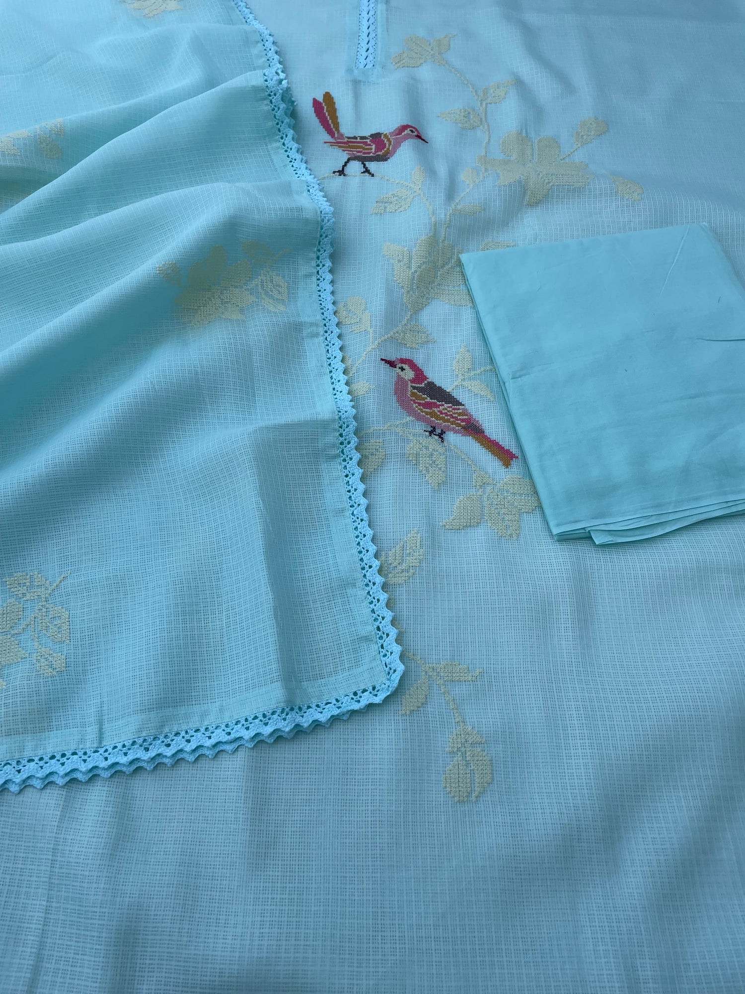 Sky Blue Kota Silk Embroidered Unstitched Suit Fabric