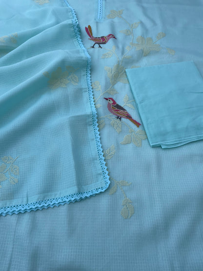 Sky Blue Kota Silk Embroidered Unstitched Suit Fabric