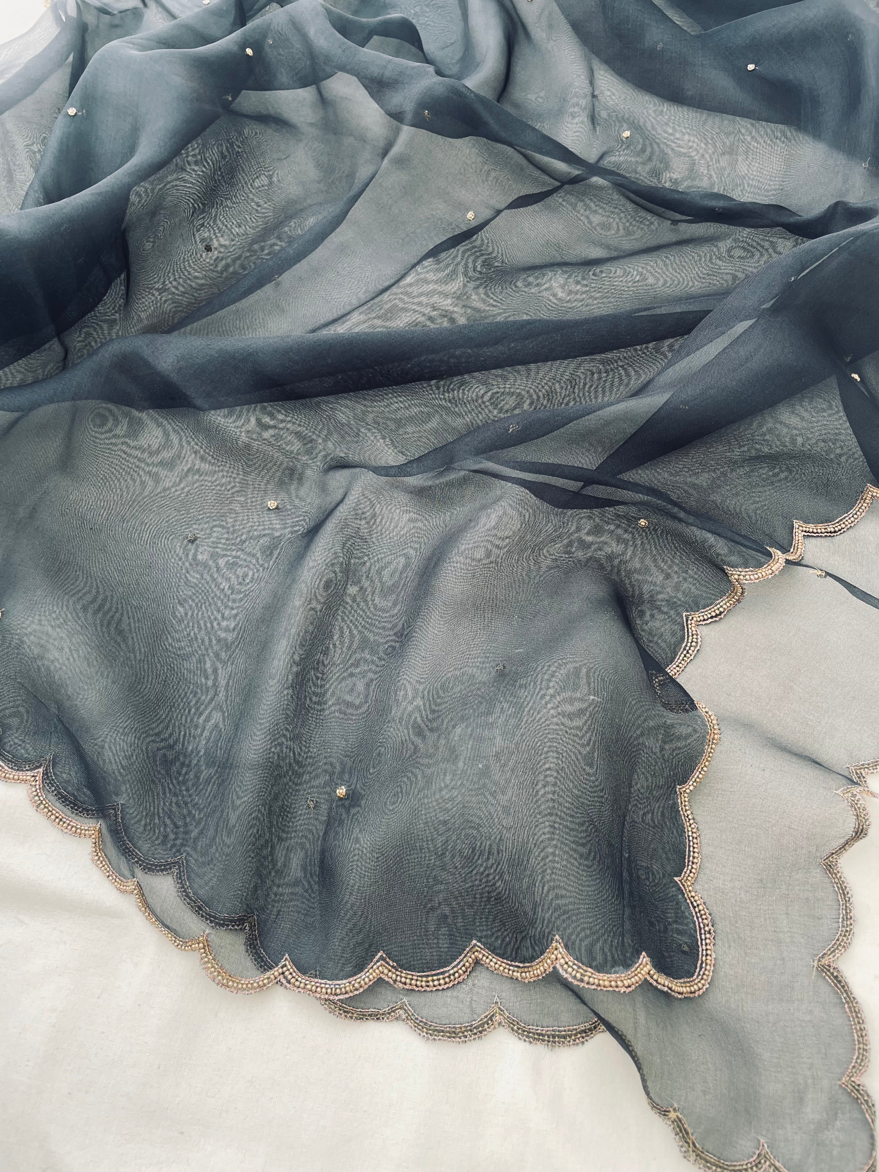 Black Pure Organza Silk Embroidered Banarasi Dupatta