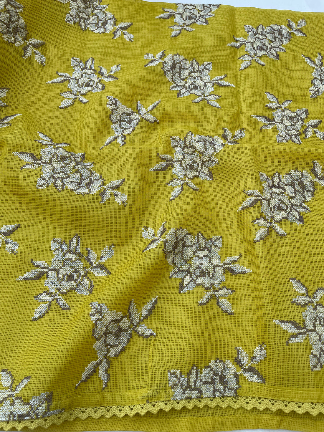 Yellow Kota Silk Embroidered Unstitched Suit Fabric