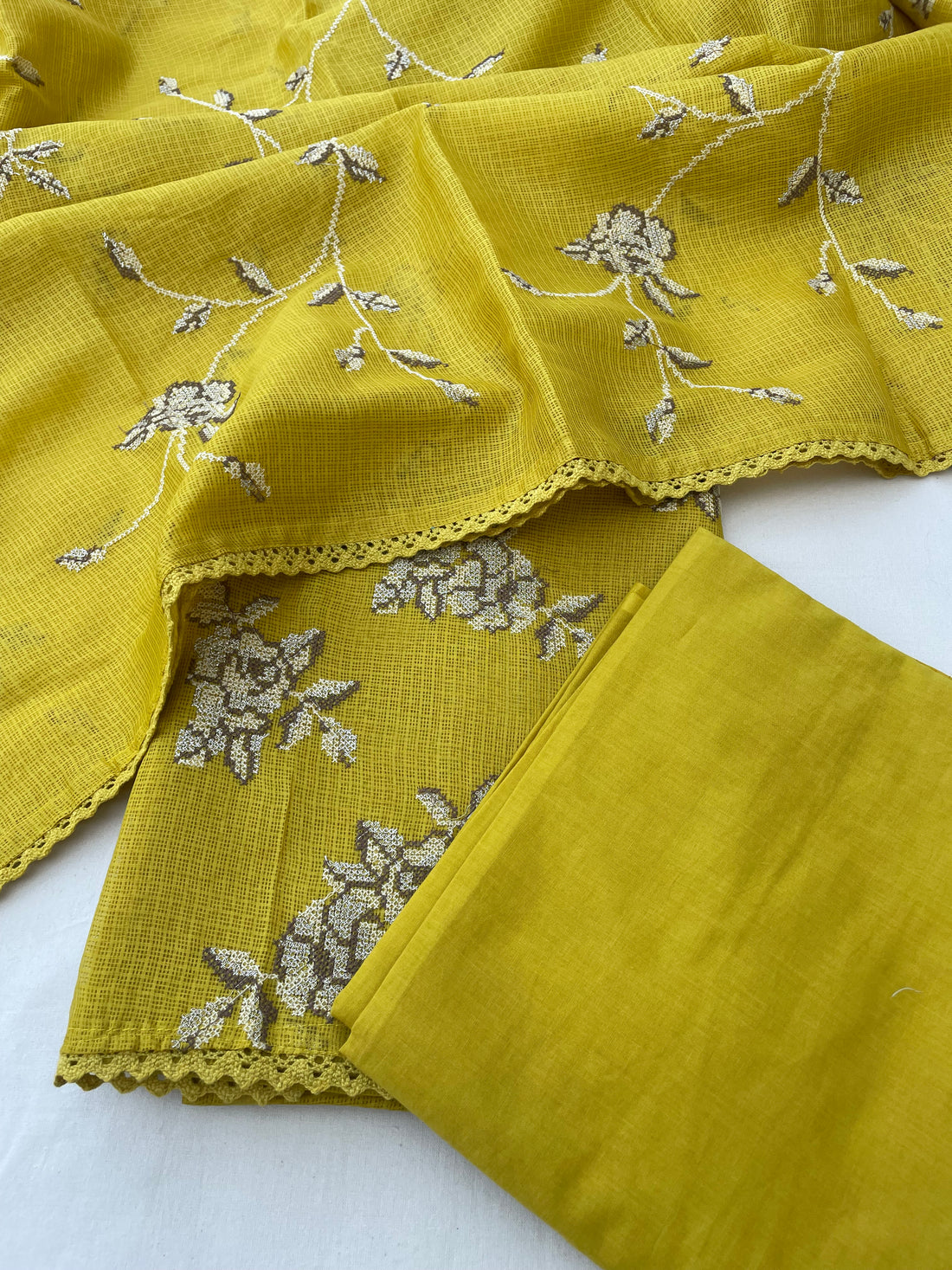 Yellow Kota Silk Embroidered Unstitched Suit Fabric