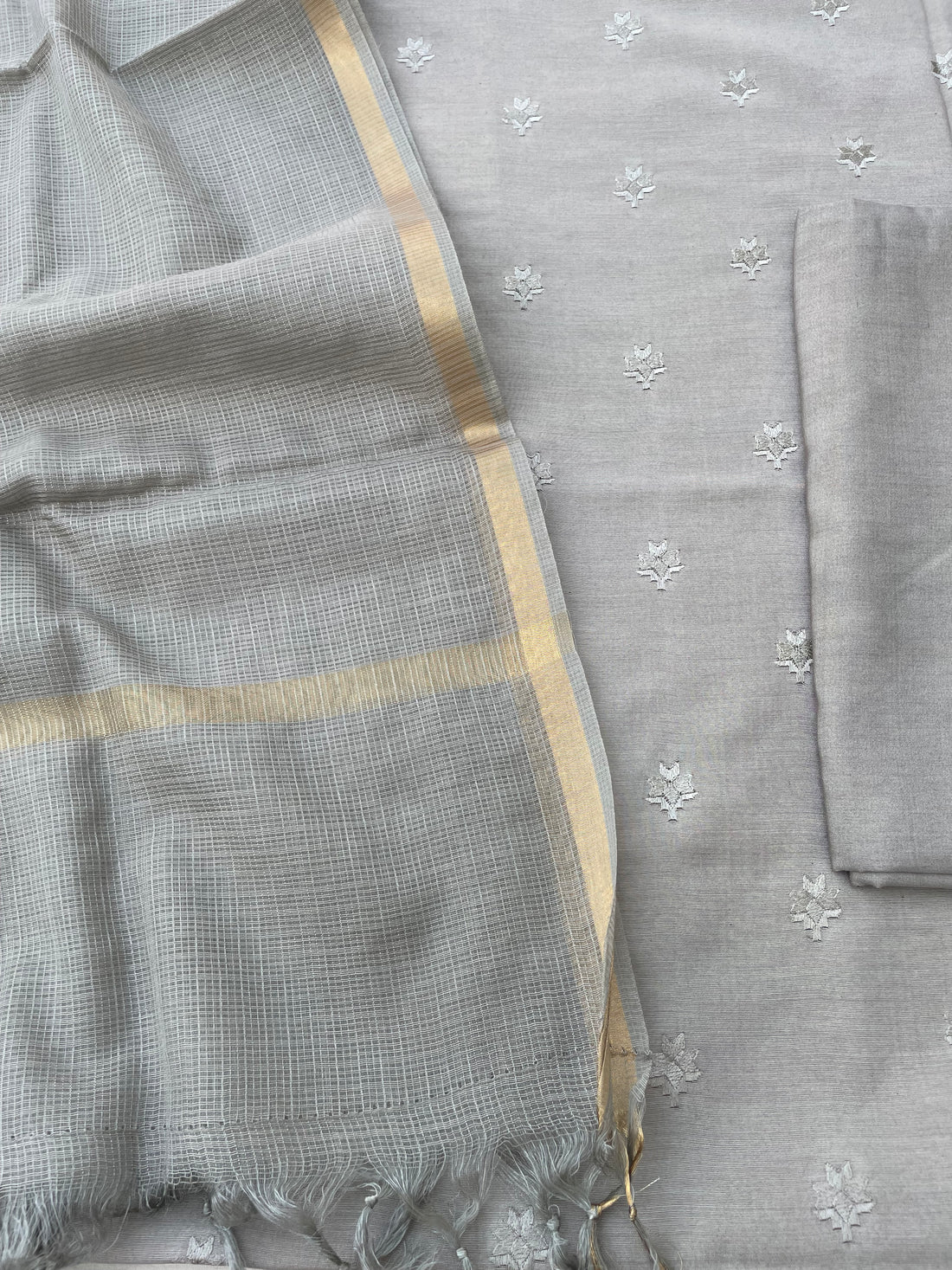 Gray Embroidery Banarasi Cotton Suit Set