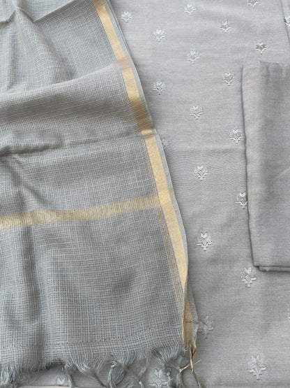 Gray Embroidery Banarasi Cotton Suit Set