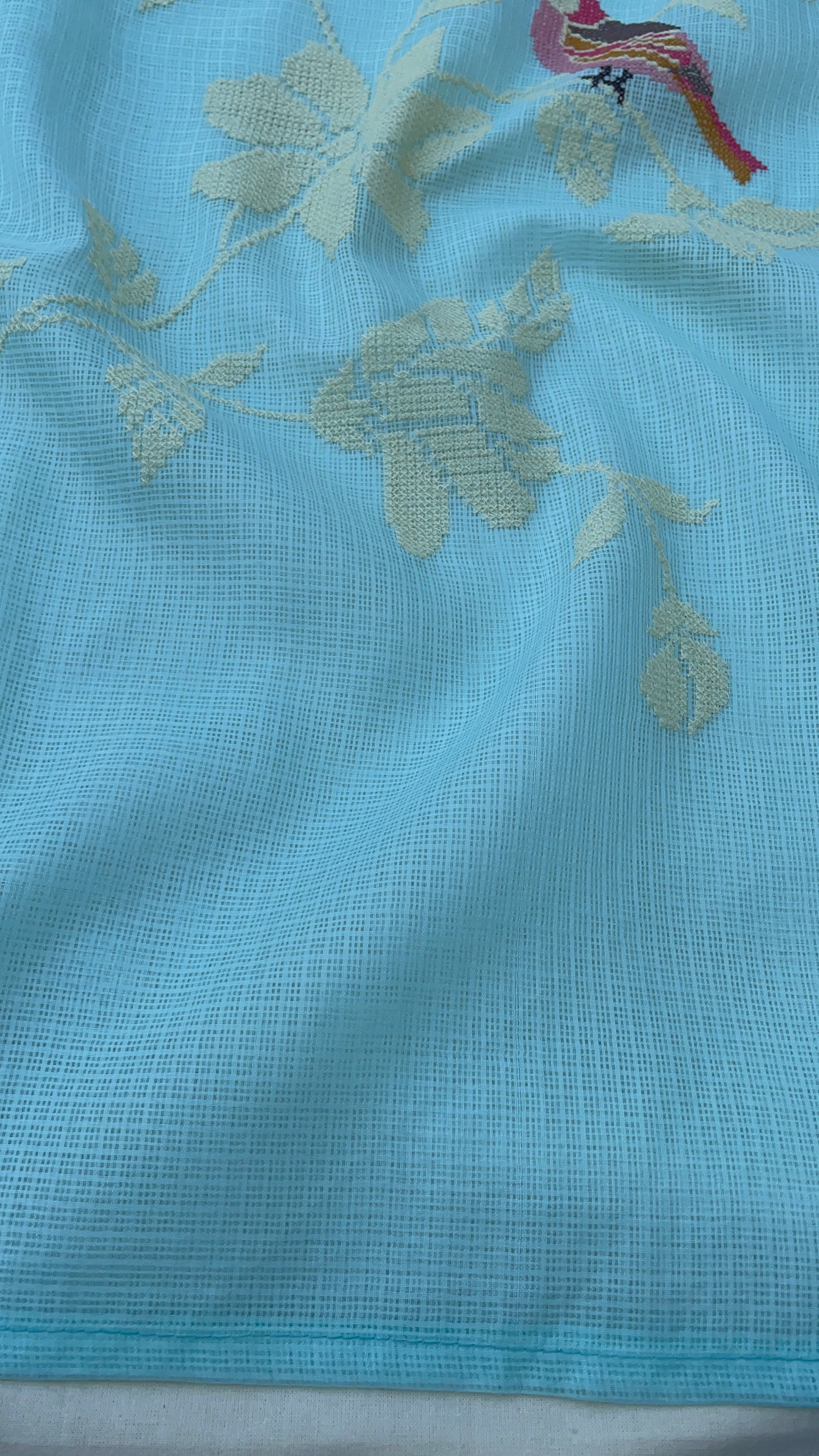 Sky Blue Kota Silk Embroidered Unstitched Suit Fabric