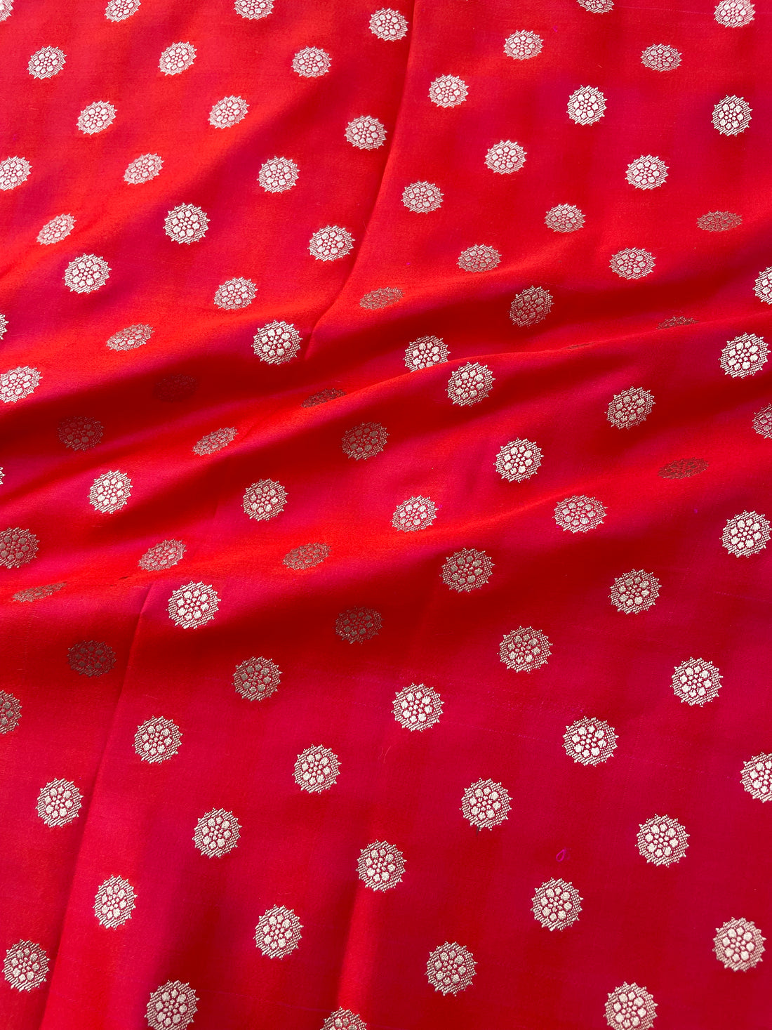 Red Handwoven Pure Satin Silk Buti Fabric