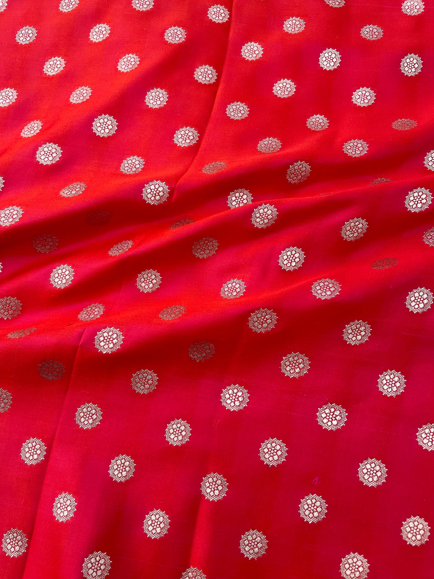 Red Handwoven Pure Satin Silk Buti Fabric