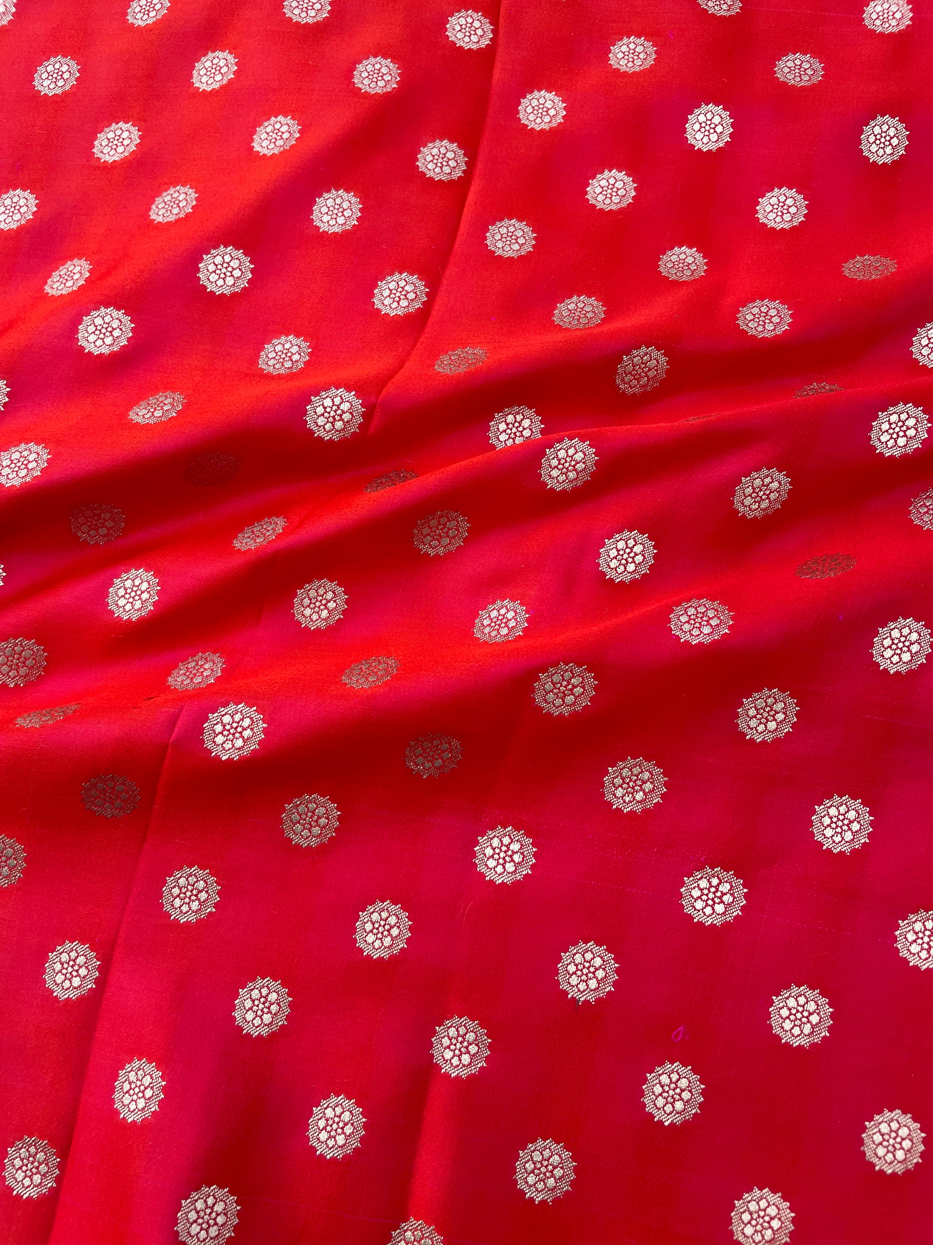 Red Handwoven Pure Satin Silk Buti Fabric