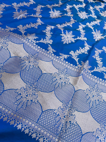 Blue Handwoven Pure Kataan Silk Banarasi Jaal Dupatta