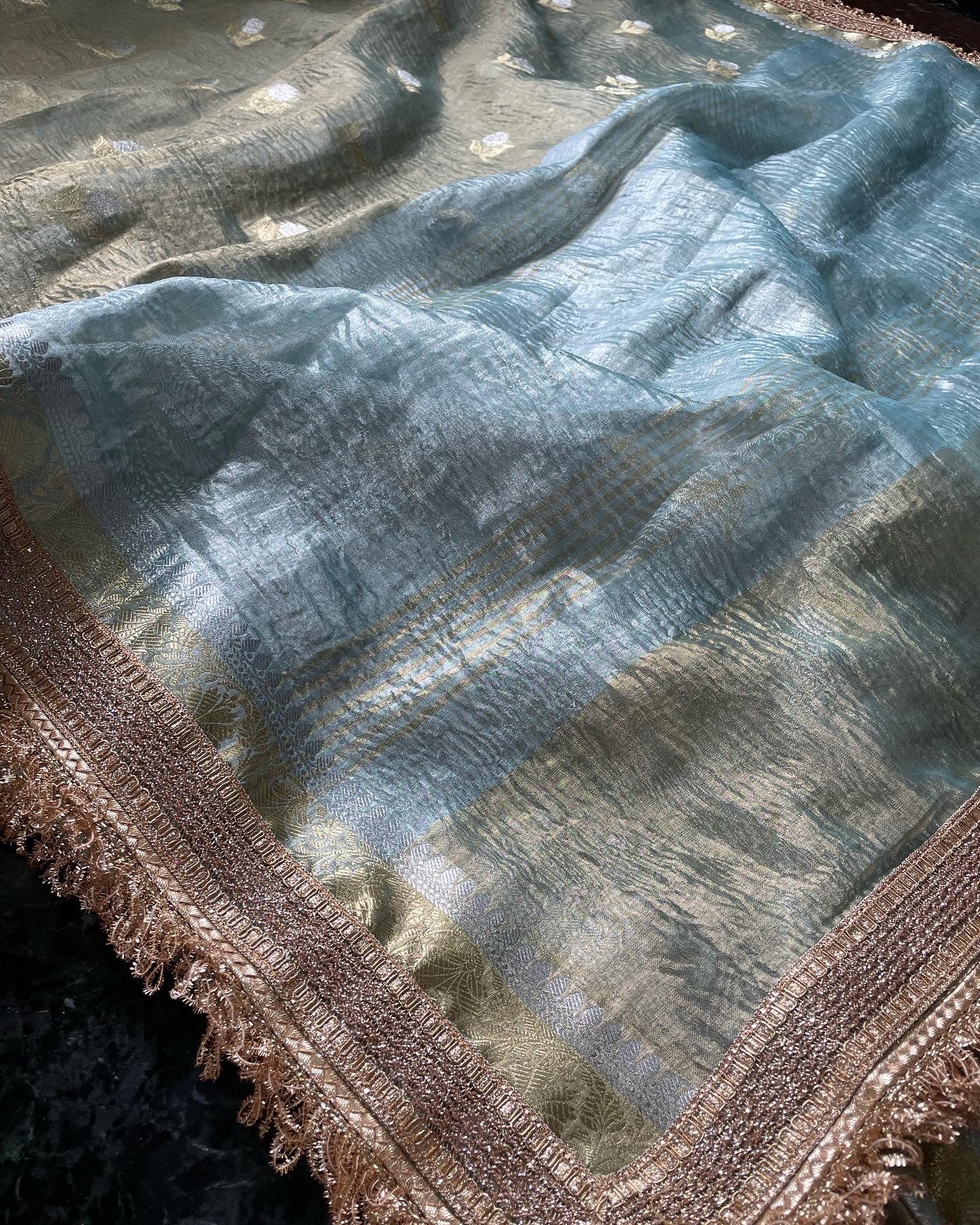 Light Green Crush Tissue Banarasi Saree with Embellished Border