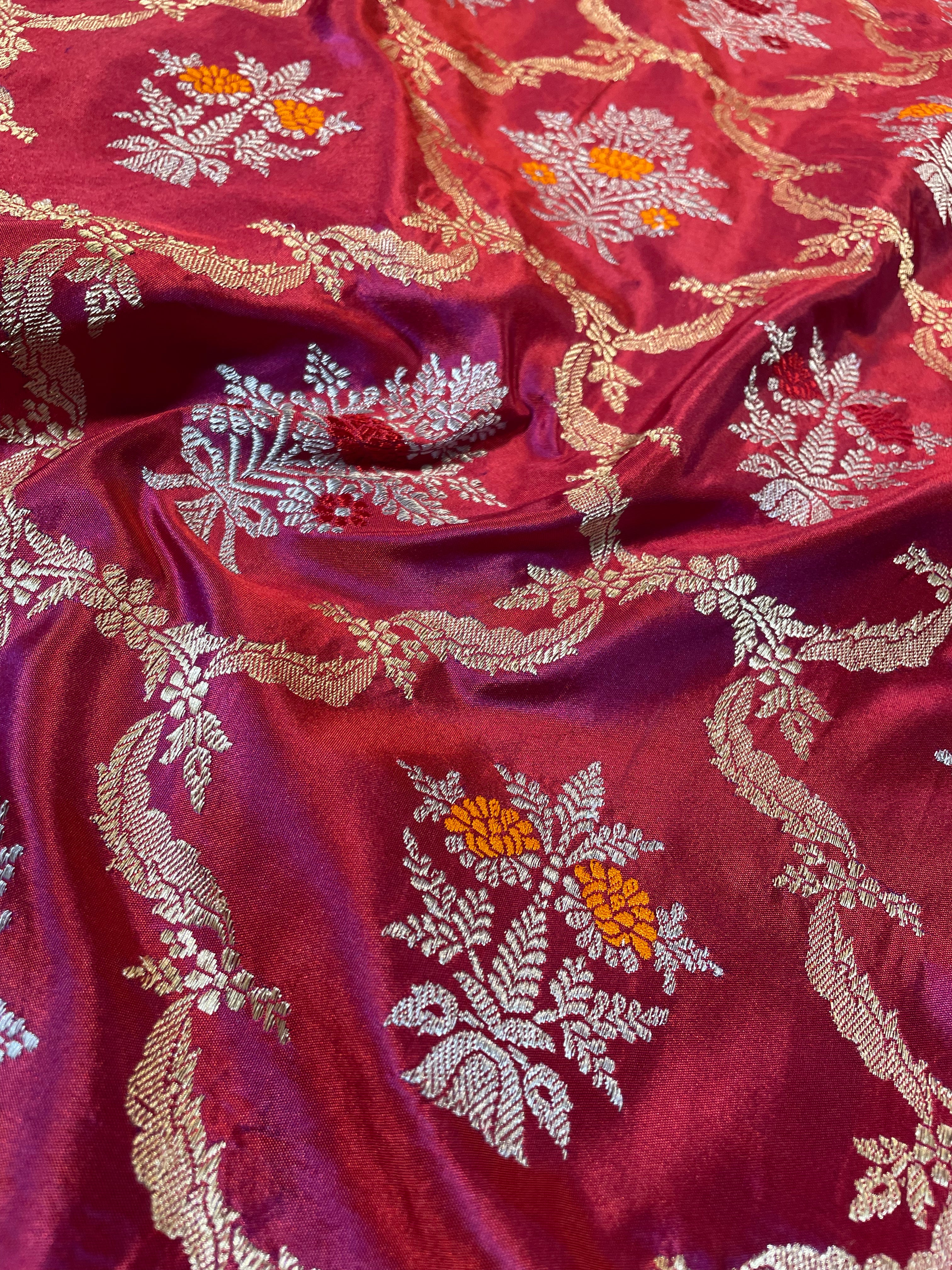 Burgundy Handloom Pure Silk Kadhua Jangla Banarasi Saree