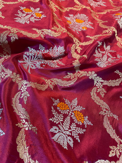 Burgundy Handloom Pure Silk Kadhua Jangla Banarasi Saree