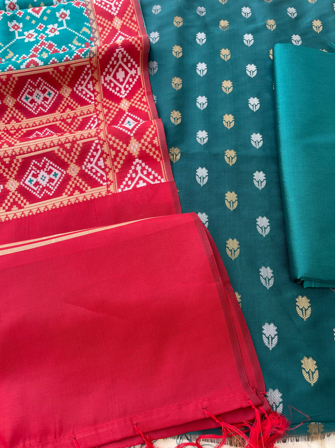 Rama Green Semi Silk Banarasi Unstitched Suit Set
