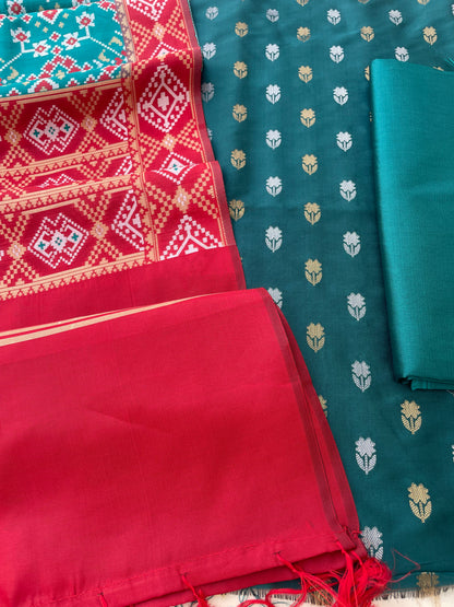 Rama Green Semi Silk Banarasi Unstitched Suit Set