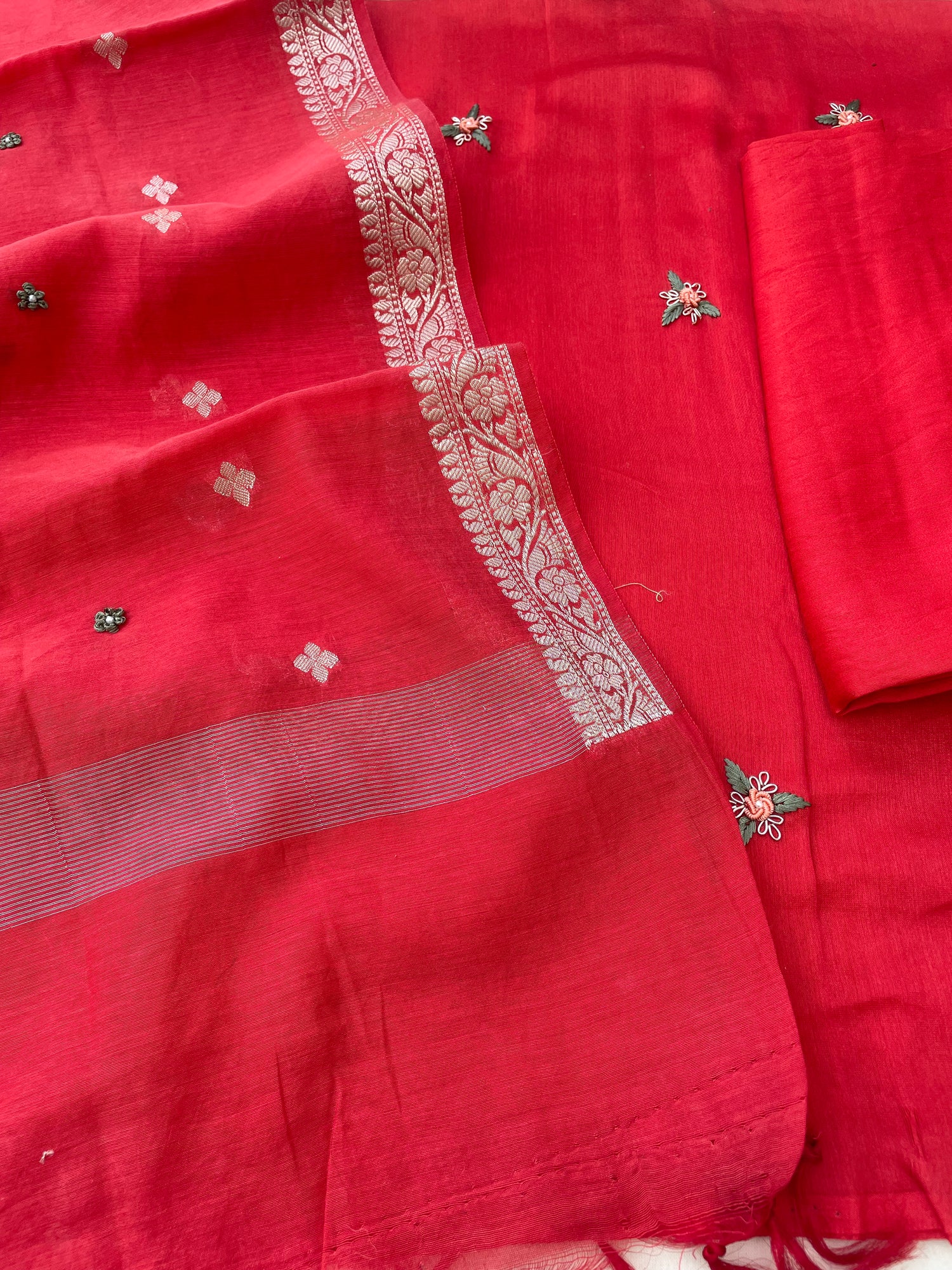 Red Embroidered Cotton Silk Banarasi Suit Set