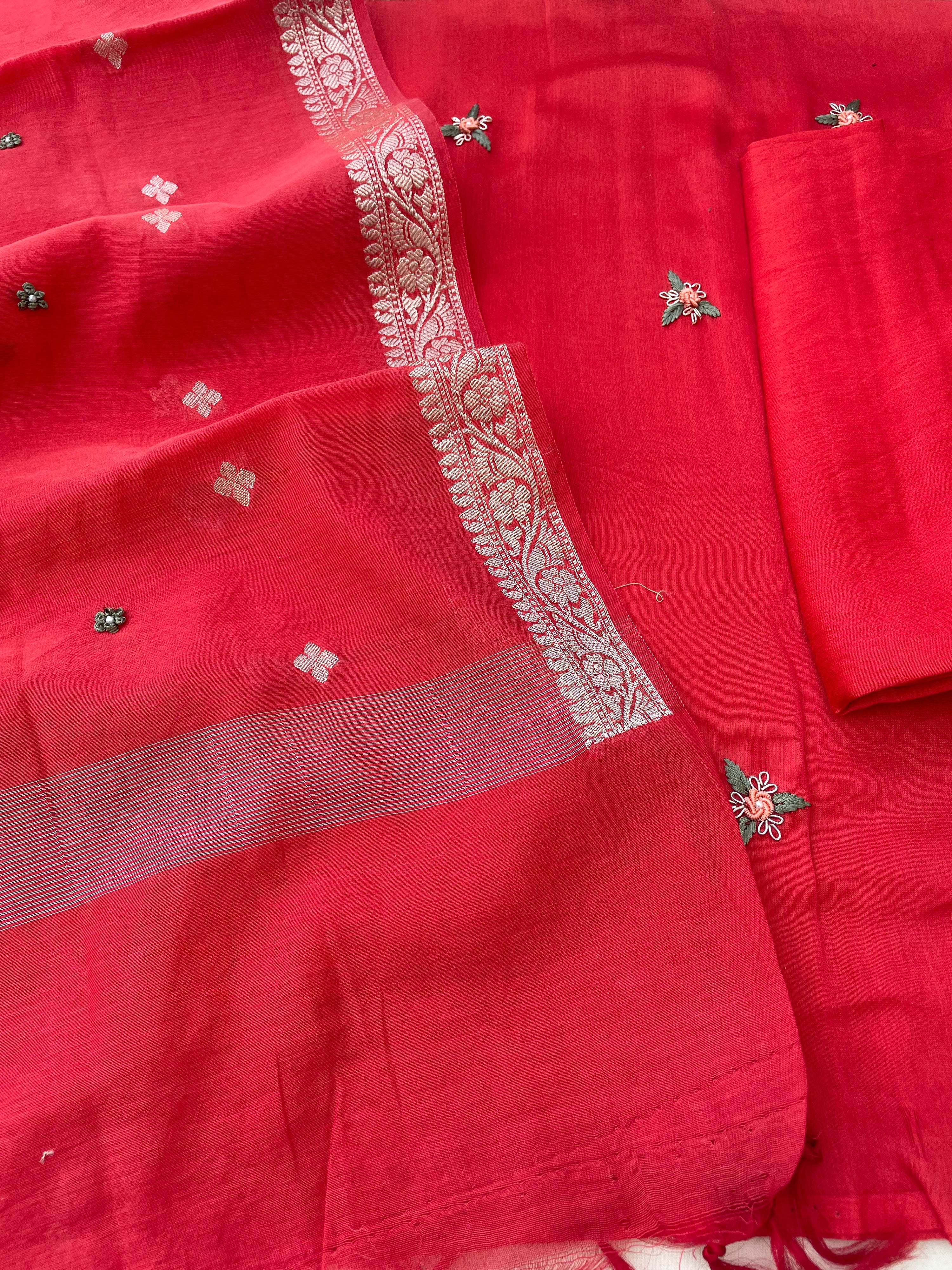 Red Embroidered Cotton Silk Banarasi Suit Set
