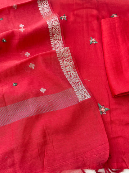 Red Embroidered Cotton Silk Banarasi Suit Set