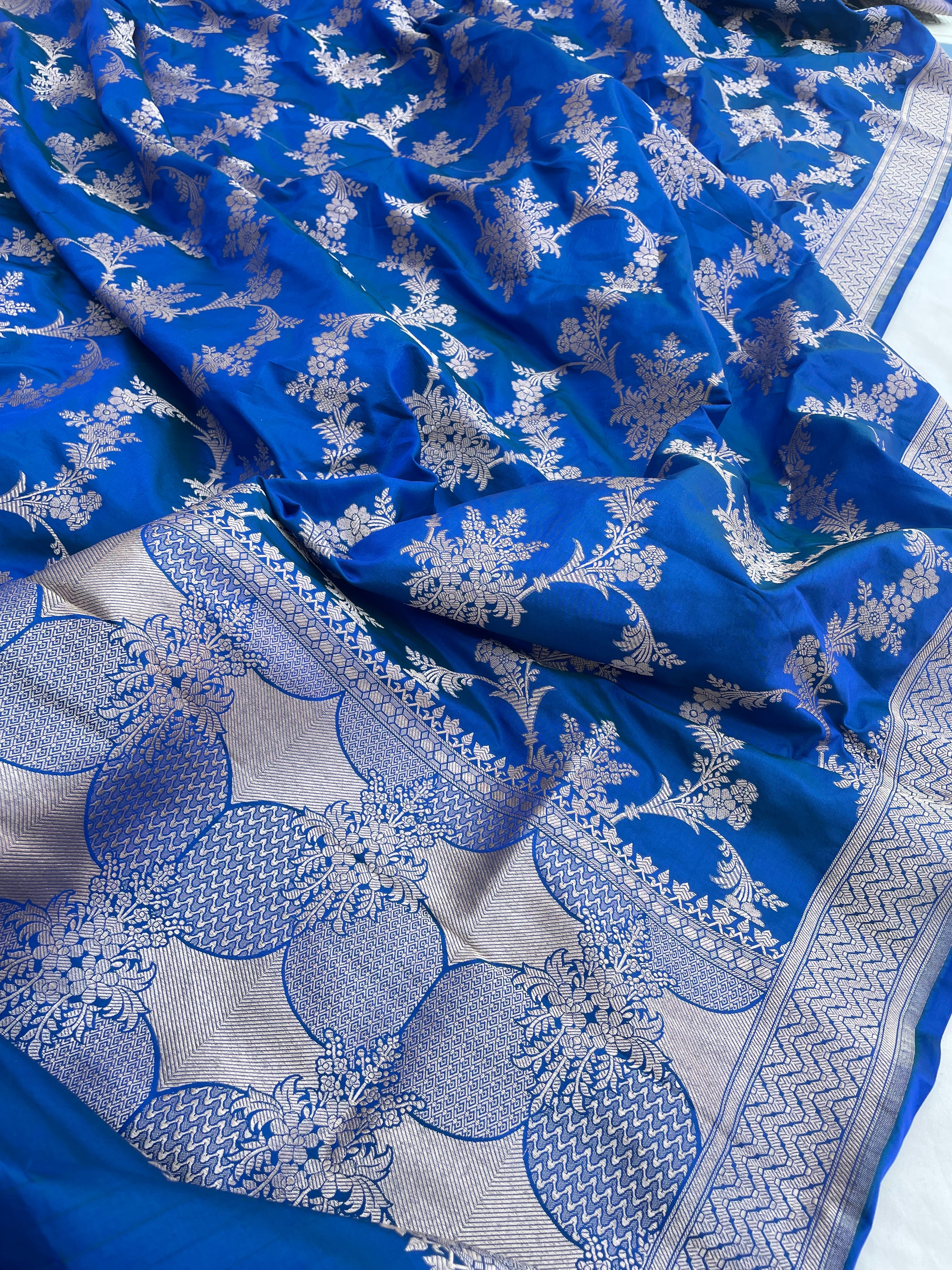 Blue Handwoven Pure Kataan Silk Banarasi Jaal Dupatta