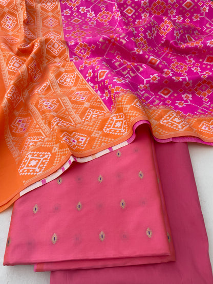 Pink Cotton Semi Silk Buti Banarasi Suit Set