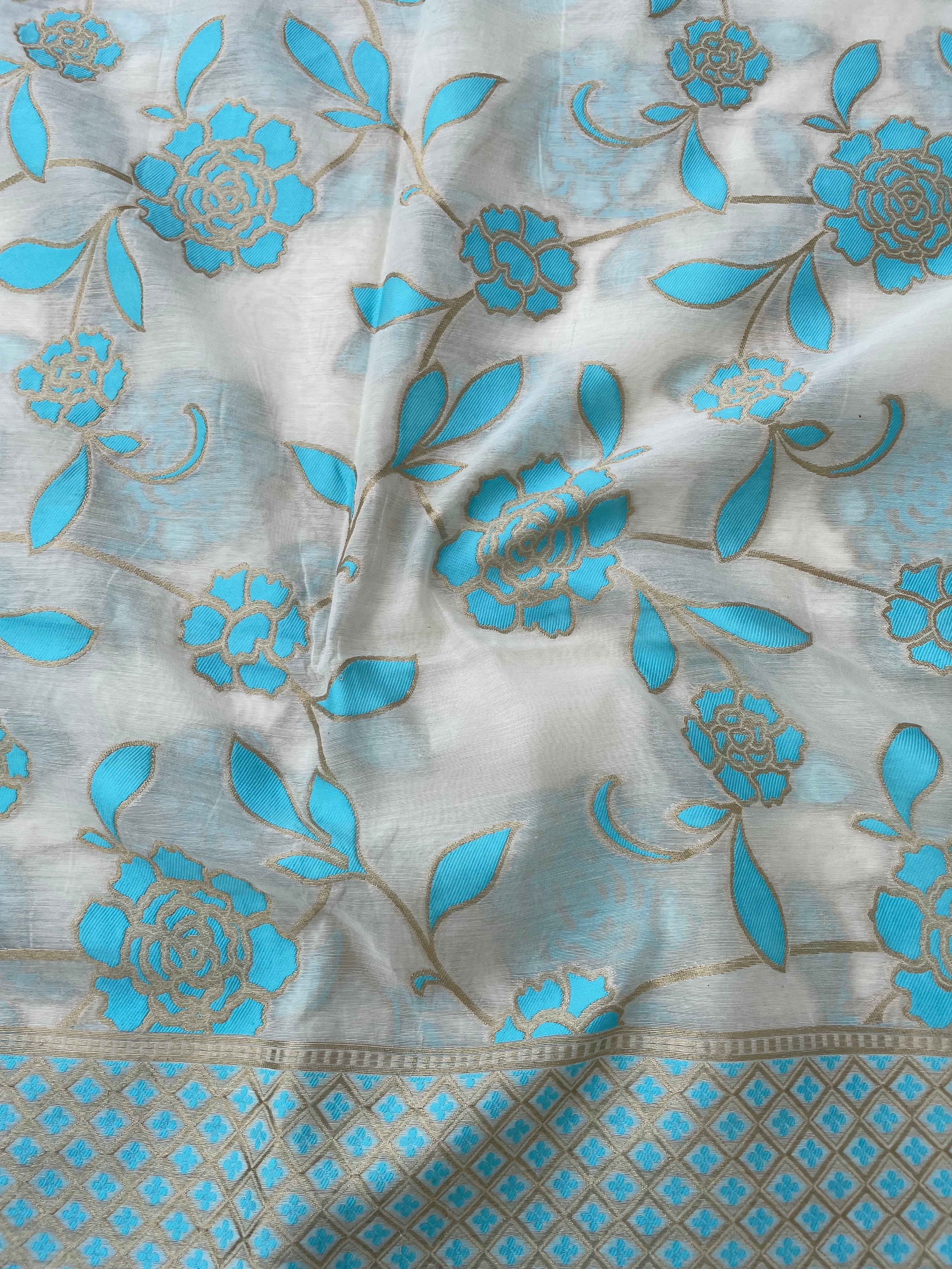 White Cotton Silk Floral Banarasi Suit