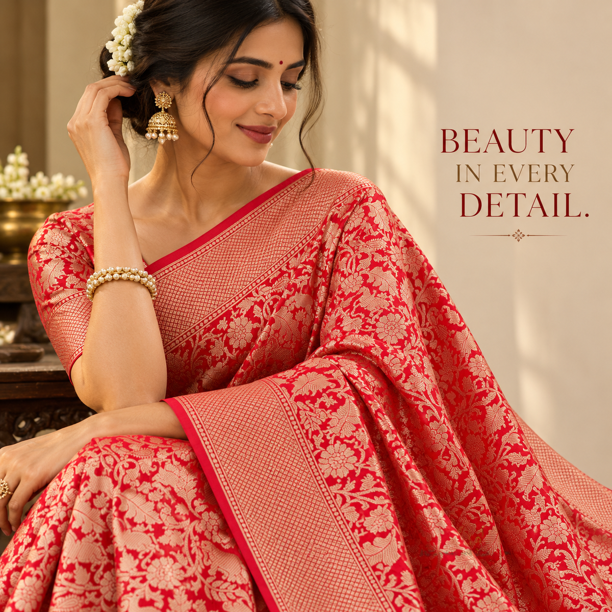 Red Handwoven Pure kataan Silk Shikaargah Brocade Jaal Benarasi Saree