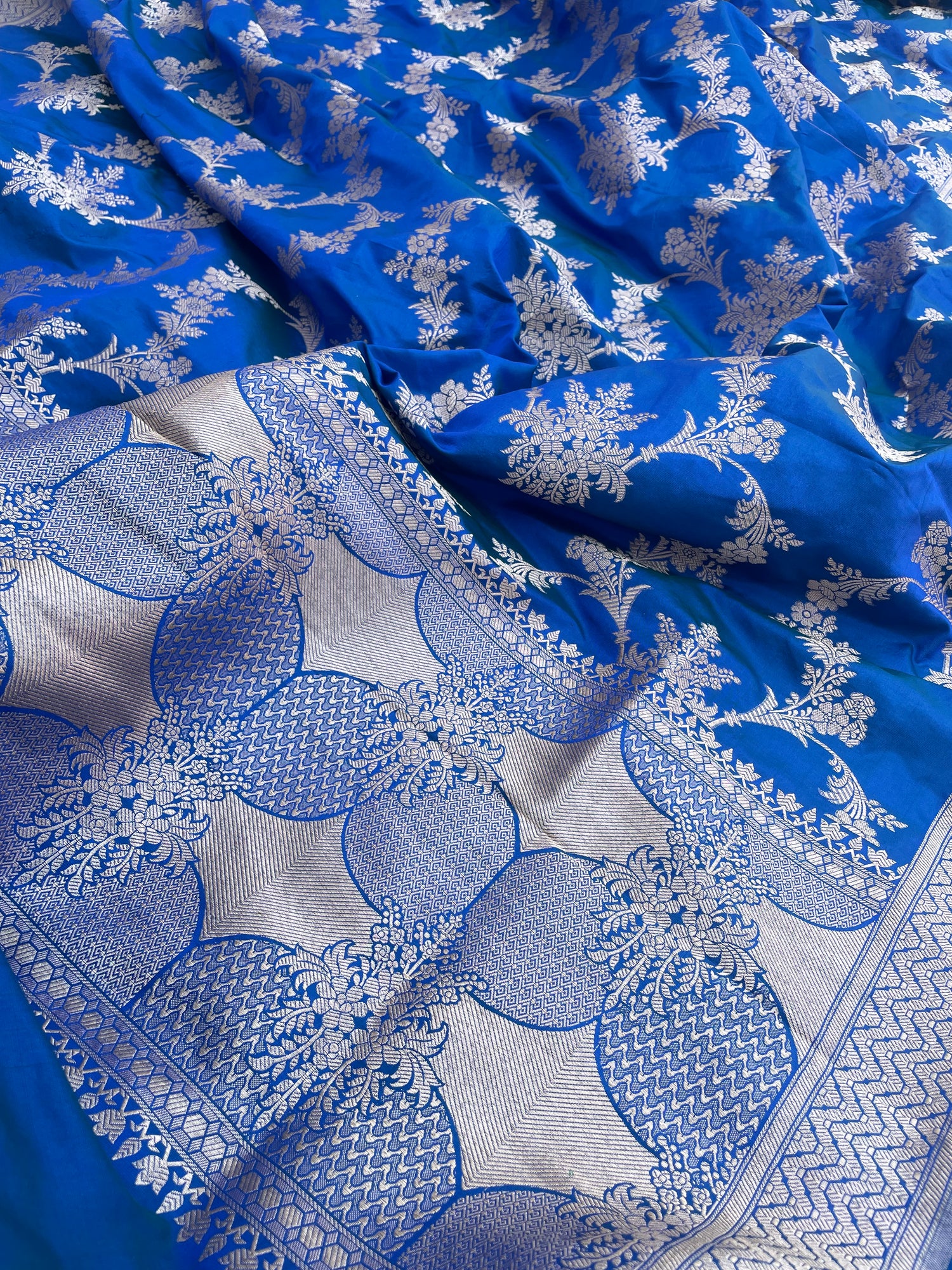 Blue Handwoven Pure Kataan Silk Banarasi Jaal Dupatta