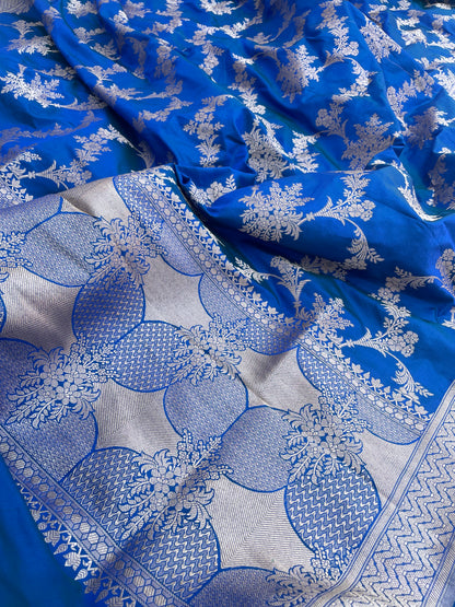 Blue Handwoven Pure Kataan Silk Banarasi Jaal Dupatta