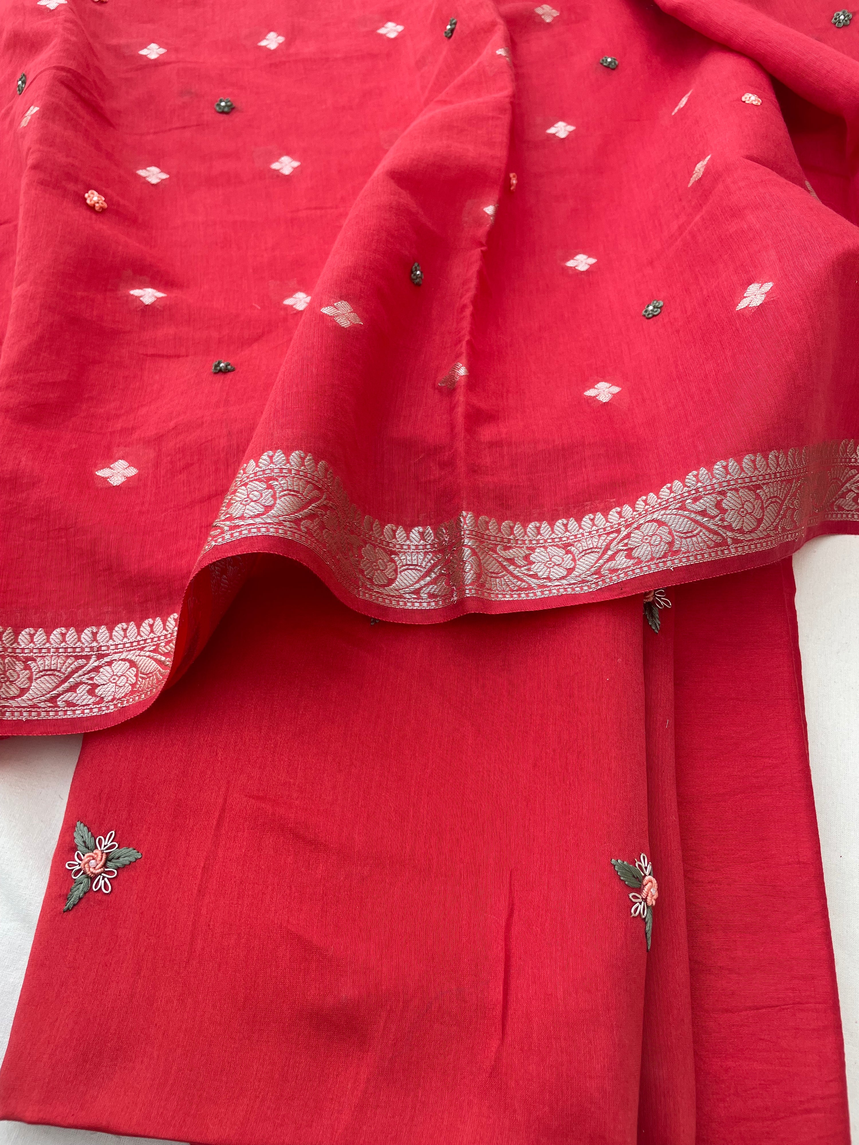 Red Embroidered Cotton Silk Banarasi Suit Set