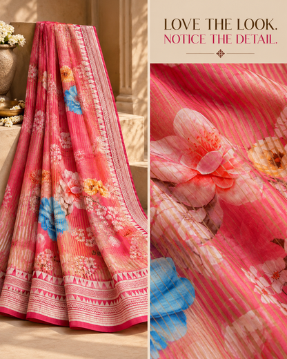 Pink Striped Tissue Chiniya Printed Saree