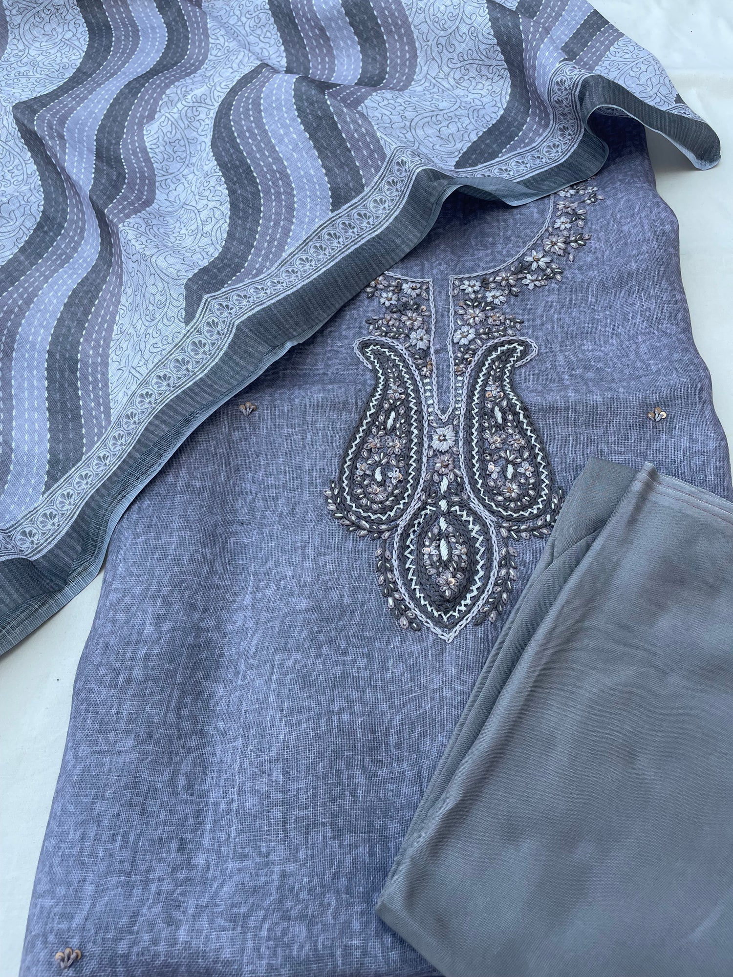 Gray Linen Embroidered Unstitched Suit Fabric