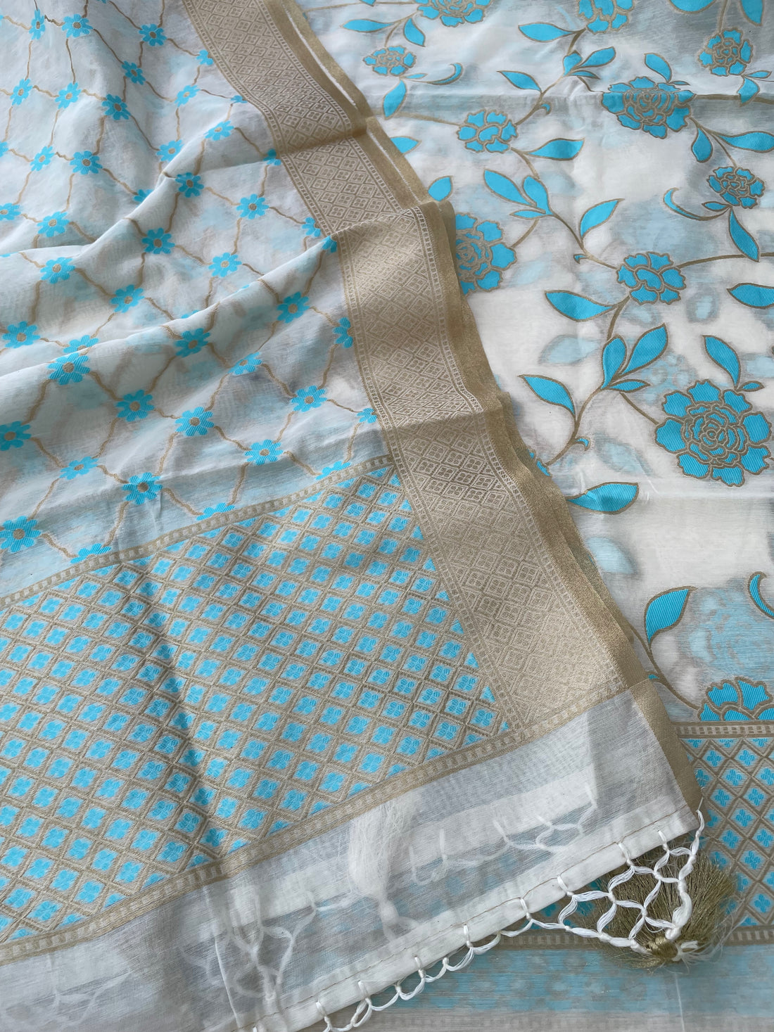 White Cotton Silk Floral Banarasi Suit
