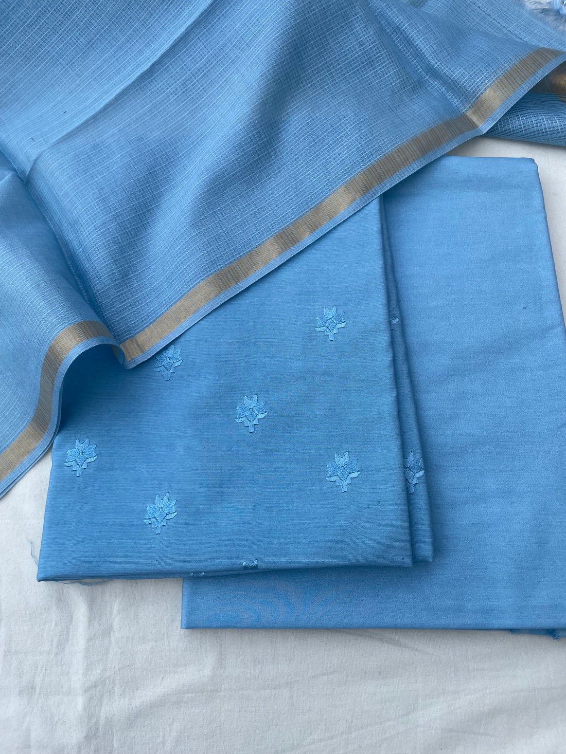Blue Embroidery Banarasi Cotton Suit Set