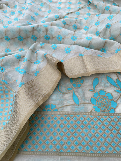 White Cotton Silk Floral Banarasi Suit