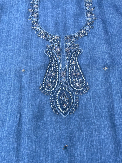 Blue Linen Embroidered Unstitched Suit Fabric