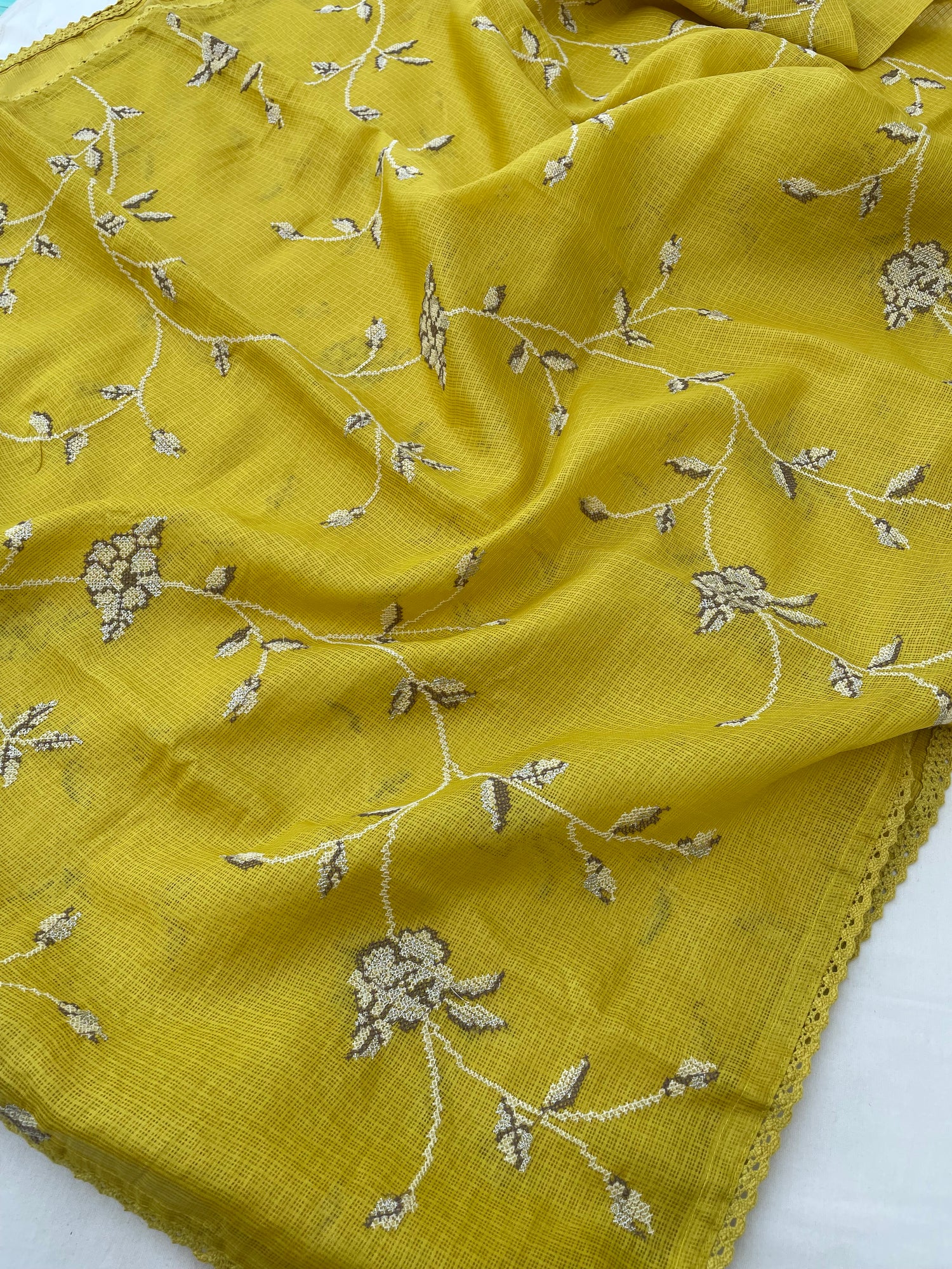 Yellow Kota Silk Embroidered Unstitched Suit Fabric